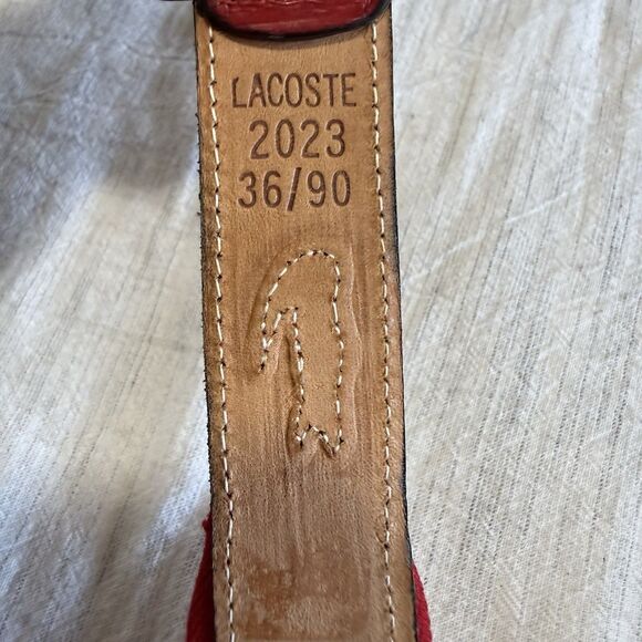 VINTAGE 80s Lacoste Belt Men Size 36 Red Leather Cotton Elastic Stretch Preppy - Picture 3 of 16